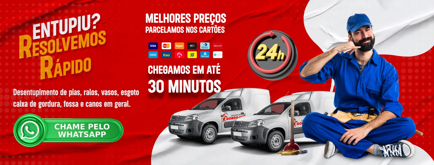 Desentupidora Gordojato — Entupiu? Resolvemos rápido. Atendimento 24 horas, orçamento grátis, chegada rápida.
